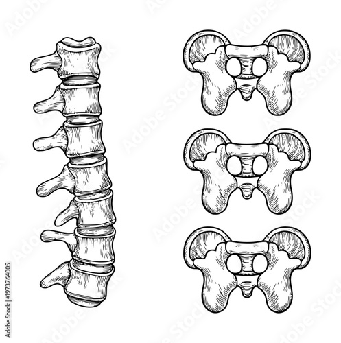 Anatomical of human spine vertebrae and pelvic bones in vintage engraving style anatomy