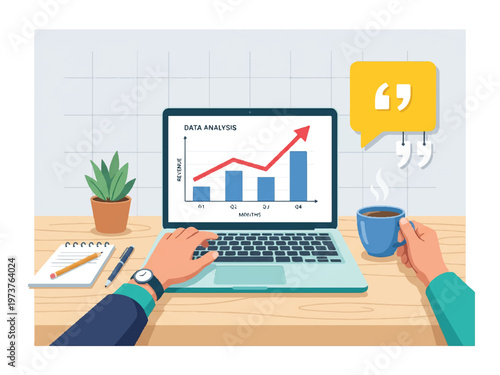 Person working on laptop with data analysis graph on screen and coffee cup in hand on wooden desk with plant and notebook