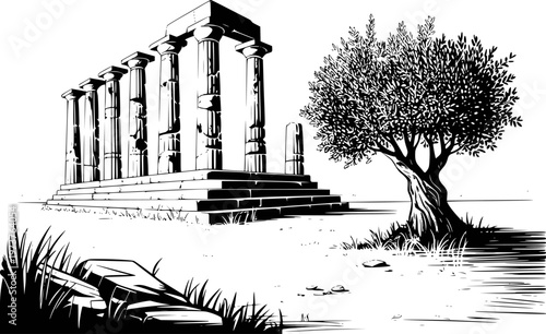 Ancient Greek temple ruins with weathered columns and an olive tree greece