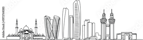 Continuous single line drawing of Abu Dhabi skyline, UAE city landmark outline