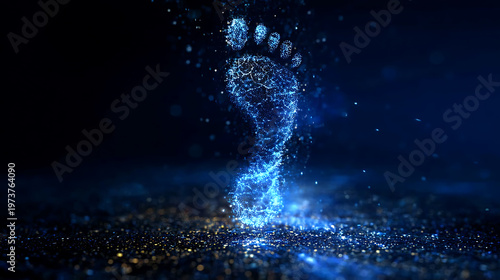 Digital footprint of a foot, with a futuristic, technological aesthetic. Representing the impact left behind.