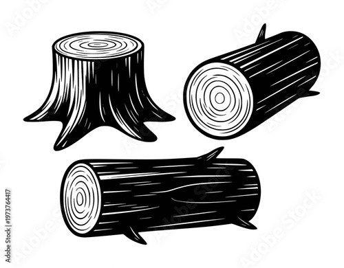 Black and white wood stump and logs with visible rings and bark texture timber forest