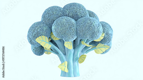 A unique illustration of a stylized broccoli plant with a creative, whimsical design. It has a distinctive blue hue with yellow leaves and a soft, textured appearance