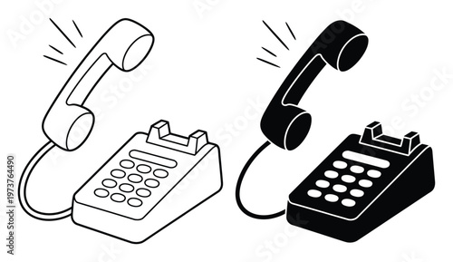 Two vintage telephones, one in outline and one in silhouette, ringing