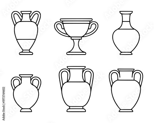 Collection of Ancient Greek Amphorae and Krater Line White Background vase pottery