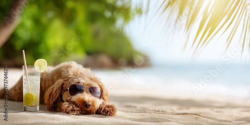 Small poodle dog wearing sunglasses lying on sandy beach near cocktail glass with lemon under palm leaves with blurred tropical sea in background, summer vacation concept