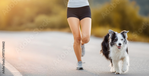 Young woman running with border collie dog on asphalt road in warm sunlight with blurred natural background, active lifestyle concept