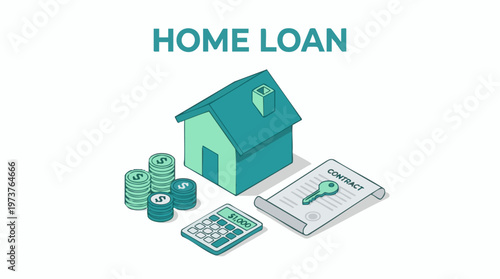 Home Loan Concept Isometric Illustration with House, Money, Contract, and Calculator