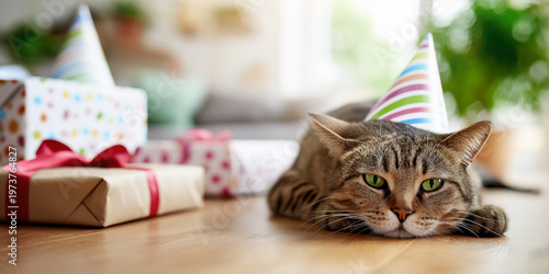 Tabby cat wearing party hat lying on wooden floor near wrapped gifts in cozy home interior with soft daylight and blurred background, birthday celebration and lazy mood concept
