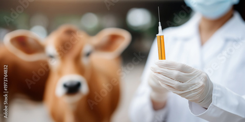 Veterinarian holding syringe with vaccine in gloved hands near calf in farm setting with blurred background and soft natural light, animal healthcare and vaccination concept