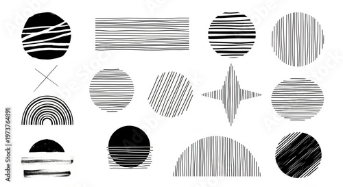 Hand drawn abstract minimal element mid century set. Aesthetic contemporary stripe line art, geometric shape in monochrome.