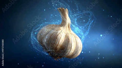 A single garlic bulb with a stunning blue aura surrounding it. This image encapsulates health, food, and culinary delight.