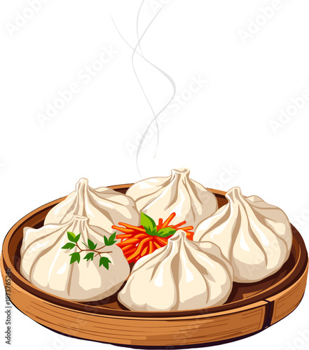 Chinese dumplings in bamboo steamer basket, dim sum asian cuisine illustration
