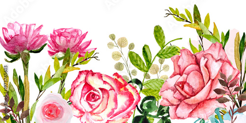Banner con fiori rosa e foglie e rami, giardino ad acquerello isolato su sfondo bianco