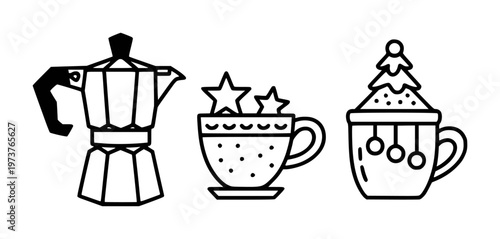 Line of coffee maker and festive decorated cups with stars and Christmas tree moka