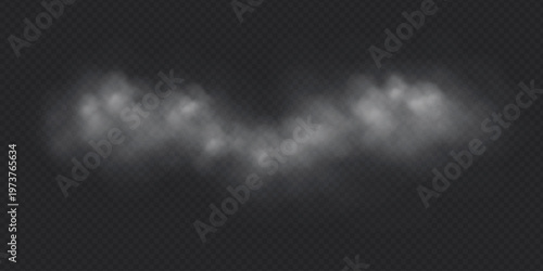 Realistic white smoke trail on dark background. Special effect of steam, fog and clouds overlay. Abstract smoke misty texture element