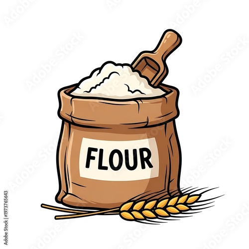 A bag of flour with a scoop and wheat on a table indoors