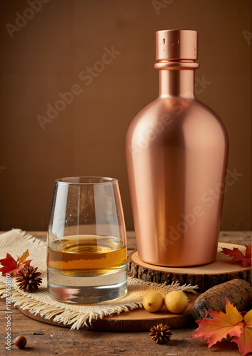 Copper bottle and whiskey glass on table with autumn leaves for Thanksgiving  