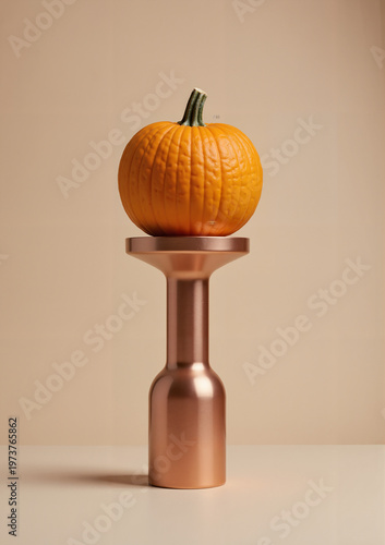 Orange pumpkin placed on modern metallic pedestal with neutral background  