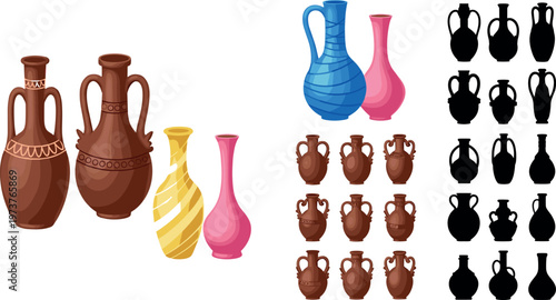 Decorative Ceramic Vase Collection with Realistic Clay Jugs Colorful Modern Bottles and Classic Amphora Silhouettes in Flat Vector Illustration Set