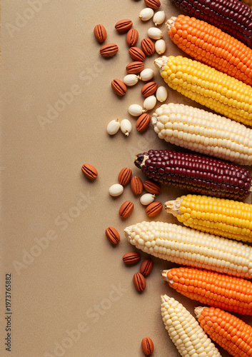 Colorful corn and pecans arranged on a brown background for Thanksgiving  