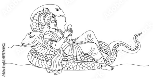 Lord Vishnu reclining on sheshanaga serpent using smartphone in modern minimalist continuous line art style