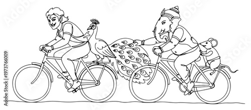 Lord Kartikeya and Ganesha riding bicycles with peacock and mouse in modern minimal continuous line art style