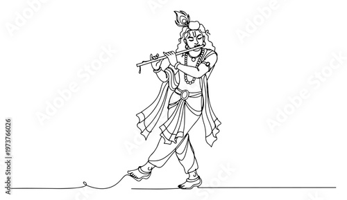 Krishna playing flute in continuous one line art style