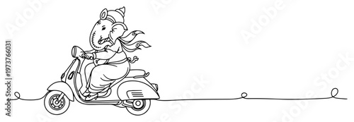 Ganesha riding scooter in modern continuous one line art style
