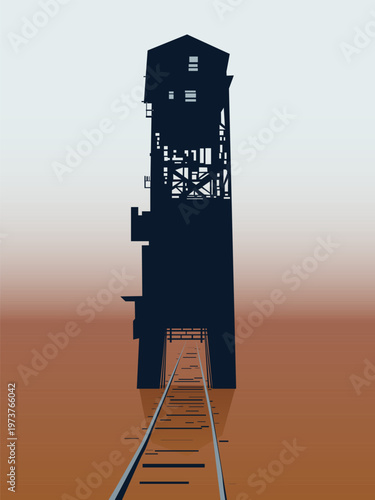 An old coal mine shaft and the old railroad leading to it, against the backdrop of a rusty, desolate landscape. Vector illustration for a design in the style of a shabby old industrial complex.