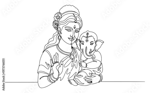 Parvati mother holding baby Ganesha in continuous one line art style