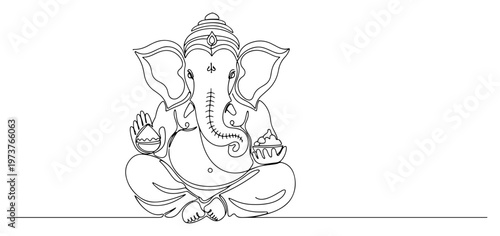 Lord Ganesha sitting in meditation pose in minimalist continuous line art style