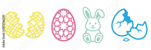 Set of 8 Easter icons vector isolated on Transparent Background. Easter Outline Icon Set – Crosshatch Decorated Egg, Floral Egg, Sitting Bunny Rabbit, Cracked Egg Shell Thin Line Icons for Spring