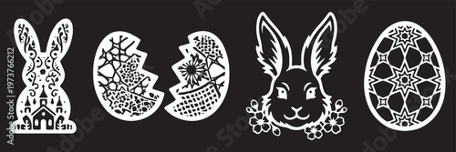 Easter Mandala Ornate Icon Set – Decorative Bunny Rabbit, Intricate Patterned Egg, Floral Easter Silhouette Vector Icons for Spring Holiday, Laser Cut, Cricut Design. Unique patterns happy easter eggs