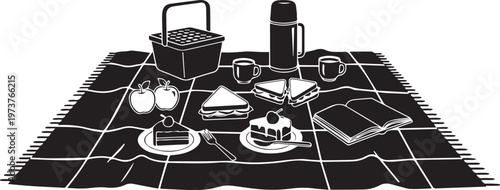 Picnic basket and food spread vector illustration with checkered blanket and accessories