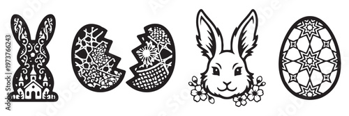 Easter Mandala Ornate Icon Set – Decorative Bunny Rabbit, Intricate Patterned Egg, Floral Easter Silhouette Vector Icons for Spring Holiday, Laser Cut, Cricut Design. Unique patterns happy easter eggs