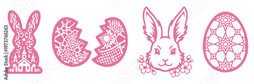 Easter Mandala Ornate Icon Set – Decorative Bunny Rabbit, Intricate Patterned Egg, Floral Easter Silhouette Vector Icons for Spring Holiday, Laser Cut, Cricut Design. Unique patterns happy easter eggs
