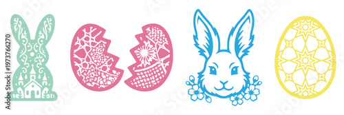 Easter Mandala Ornate Icon Set – Decorative Bunny Rabbit, Intricate Patterned Egg, Floral Easter Silhouette Vector Icons for Spring Holiday, Laser Cut, Cricut Design. Unique patterns happy easter eggs