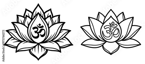 Lotus flower with Om symbol for yoga and meditation in elegant line art style