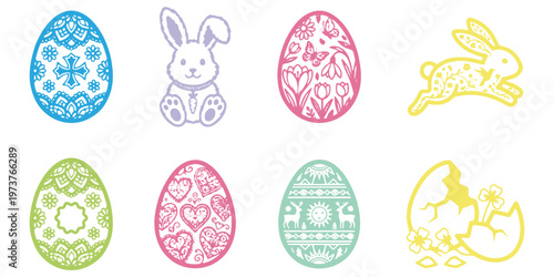 Easter Ornate Icon Set – Decorative Patterned Egg, Sitting Bunny, Running Rabbit, Hatching Chick Intricate Floral Silhouette Vector Icons for Spring Holiday Laser Cut. Set of ornate rabbits in various
