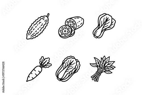 Asian Vegetables silhouette icon collection - Healthy organic food line art collection of fresh cooking ingredients