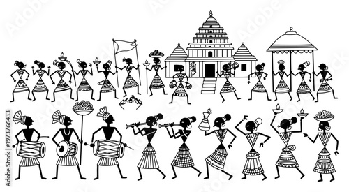 Foto Warli tribal folk art depicting village procession with dancers and temple in tr