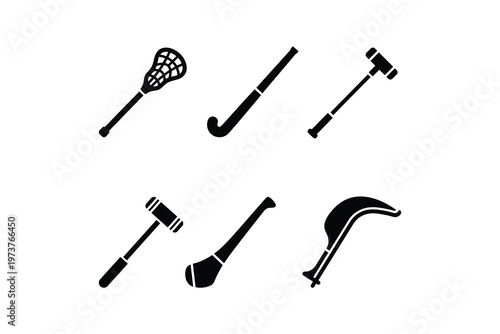Stick Sports Equipment Black and White Icon Pack - Lacrosse Hockey Polo Golf and Croquet Sticks