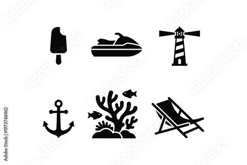 Black and white summer vacation icon set with beach and ocean elements - Summer Beach and Nautical Icons Set