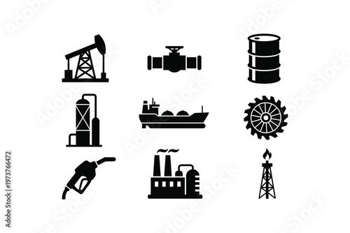 Petroleum Production and Refinery Silhouette Icon Collection - Energy Sector and Oilfield Equipment Icon set Artwork
