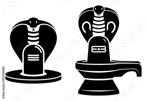 Shiva Lingam symbols with cobra snakes in solid black silhouette icon style