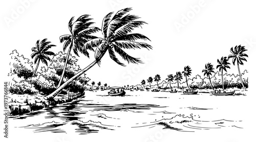 Photos Kerala backwaters landscape with palm trees and boats on river in hand drawn vin