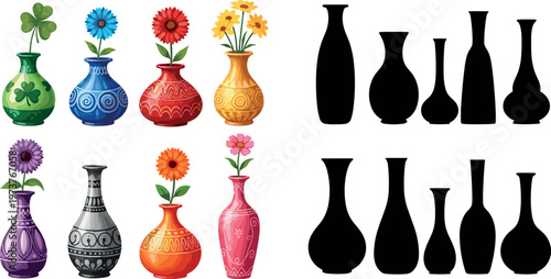Decorative Floral Vase Collection with Colorful Ceramic Pottery Designs and Elegant Silhouette Variations in Flat Vector Illustration Set for Home Decor