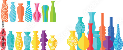 Colorful Modern Ceramic Vase Collection with Abstract Patterns Floral Motifs and Decorative Shapes in Flat Vector Illustration Set for Creative Design Projects