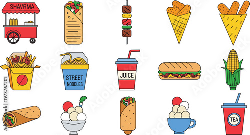 Street Food Vector Set with Shawarma Fries Noodles Sandwich Juice Ice Cream Isolated on White Background